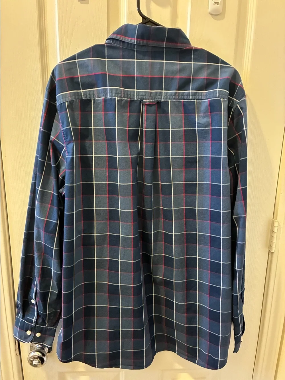 Chaps Navy Plaid Button-Down Shirt with Red and White Grid. Size XL